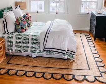 Scallop Jute Navy Hand Made Rug,Bohemian Decor Inspire, Customize in Any Size & Shape-CBS