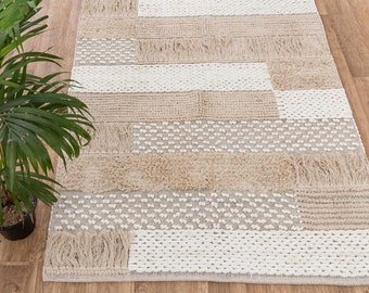 Boho Moroccan Hand Woven Cotton White Beige Hand Woven Washable Rug-MD7