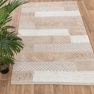 Boho Moroccan Hand Woven Cotton White Beige Hand Woven Washable Rug-MD7