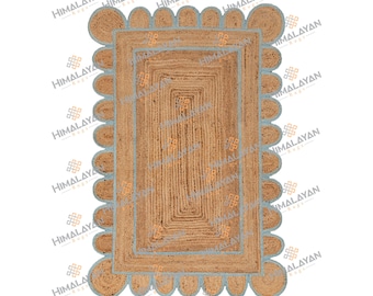 Scalloped Jute Rug, Light Blue Jute Scallop Boho Decor Handmade Rug, Customize in any Size & Shape.