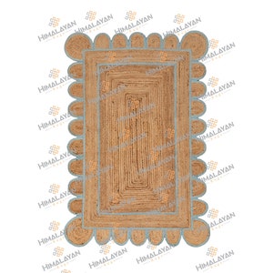 Scalloped Jute Rug, Light Blue Jute Scallop Boho Decor Handmade Rug, Customize in any Size & Shape.