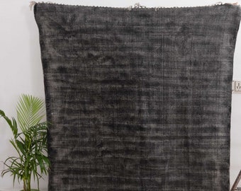 Distressed Handwoven Block Printed Dhurrie  Charcoal Black Rug, Bohemian Vintage Look Flatweave Rug#Durrie-16