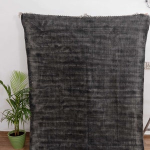 Distressed Handwoven Block Printed Dhurrie  Charcoal Black Rug, Bohemian Vintage Look Flatweave Rug#Durrie-16