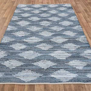 Bohemian Cotton Handmade Denim Blue White Rug, Nordic Scandi Rugs, Bedroom Rugs..#JR-7