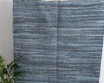Hand Woven Recycled Denim Rug, Blue Cotton Washable Boho Rug