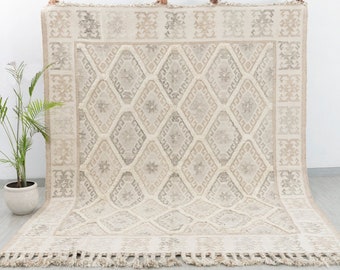 Natural Ivory Wool Moroccan Inspired Rug Hand Woven Bohemian Decor Inspired, Boho Scandinavian Decor-#AS-5