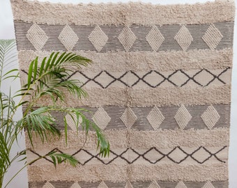 Hand Woven Boho Moroccan Cotton Beige Rug, Berber Beni Ourain Rug-MD-3