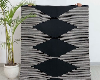 Black White Stripes Natural Cotton Handwoven Boho Rug Soft Feel Moroccan Inspired Bohemian Beni Ourain.-#MD-62