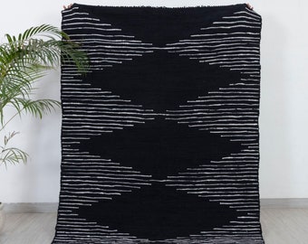 Black & White Striped Hand Woven Cotton Bohemian Moroccan Inspired Boho Rug....#JR-27 (BL)