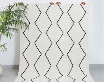 Moroccan Boho Rug Black White Zigzag Wool Natural Hand Made, Customize in any size-Tn-37