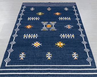 Blue Bohemian Boho Moroccan Rug Hand Woven Bohemian Decor Inspired, Boho Scandinavian Decor- Tn-57