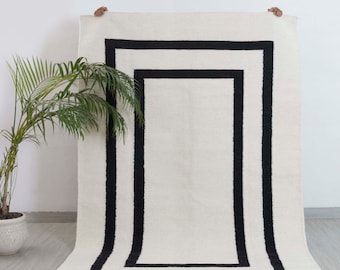 White & Black Stripes Moroccan Bohemian Decor Inspired Hand Woven Wool Cotton Boho Rug, Tn-38