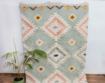 Sea Green Wool Moroccan Rug Hand Woven Bohemian Decor Inspired, Boho Scandinavian Decor-#AS-2