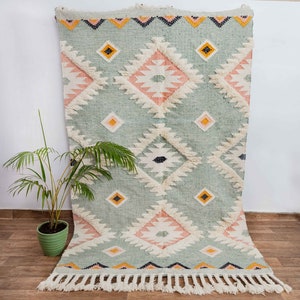 Sea Green Wool Moroccan Rug Hand Woven Bohemian Decor Inspired, Boho Scandinavian Decor-#AS-2