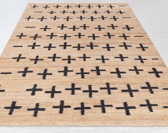 Natural Jute Black High Quality Hand Woven Premium Quality Boho Style Rug, Moroccan Nordic Scandinavian Decor Inspired- AD-4