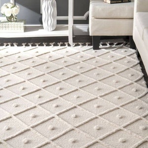 Ivory White Wool Boho Inspired Hand Woven Rug, Bohemian Moroccan Style #SS-1.Customize in Any Size.