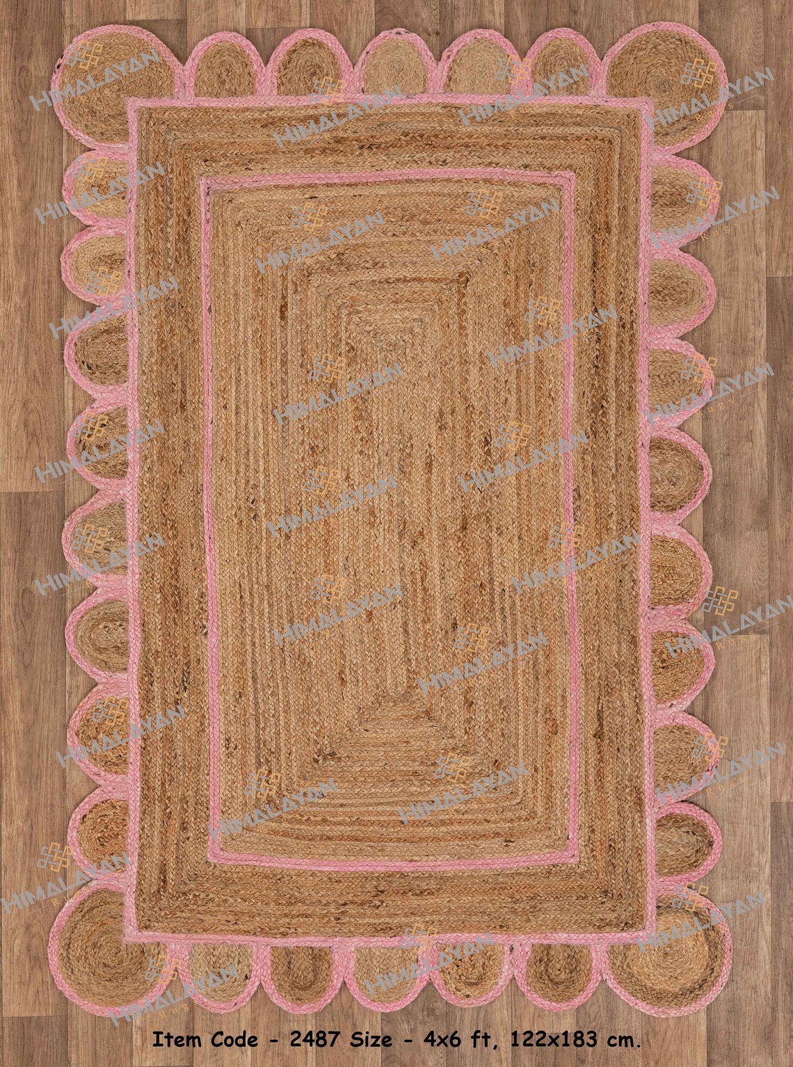 Soft Pink Border Jute Scalloped Handmade Rug Pink Jute Rugs Etsy