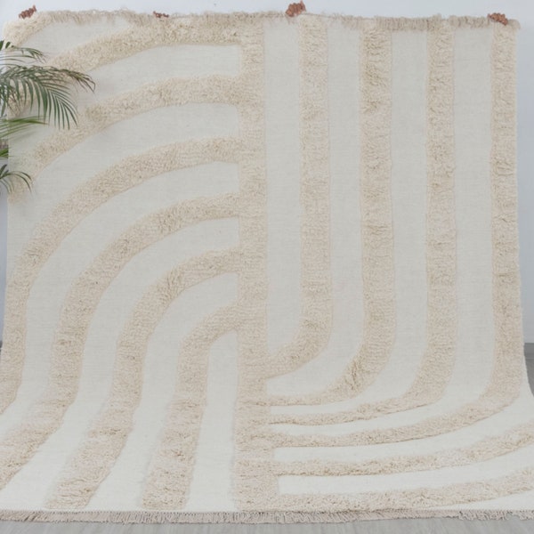 Ivory White Wool Natural Hand Made Moroccan Boho Rug, Customize in any size-Tn-50