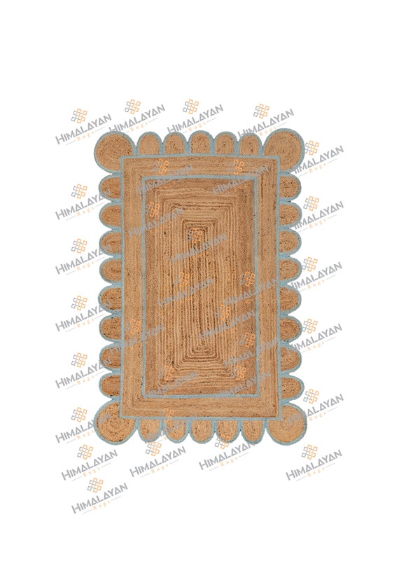Scalloped Jute Rug, Light Blue Jute Scallop Boho Decor Handmade Rug, Customize in any Size & Shape.
