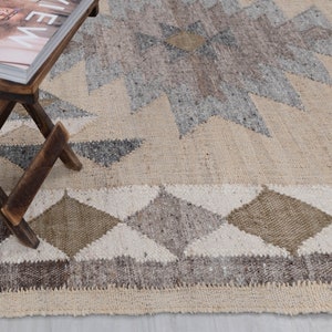 Beige Grey Wool Jute Kilim Premium Flatweave Scandivian Rug Hand Woven Decor Inspired, Boho Scandinavian Decor- RD-12