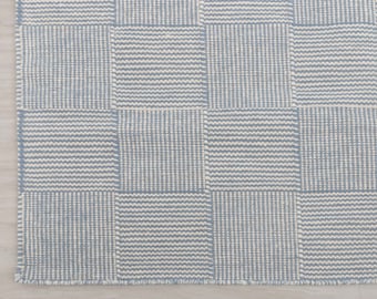 Blue Ivory Wool Hand Woven Geometric Flatweave Kilim Modern Boho Rug,Customize in Any Size-TN-12