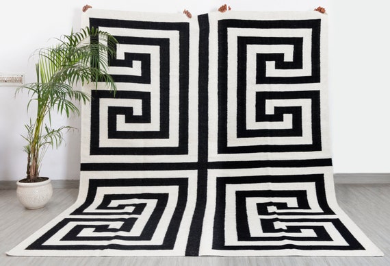 Tappeto a tessitura piatta in lana intrecciata a mano dal design geometrico  moderno bianco nero, personalizzabile in qualsiasi dimensione-TN-35 -   Italia