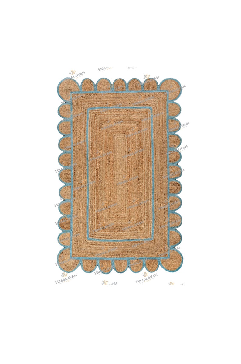 Scallop Jute Blue Hand Made Rug,Bohemian Decor Inspire, Customize in Any Size & Shape-CBS 