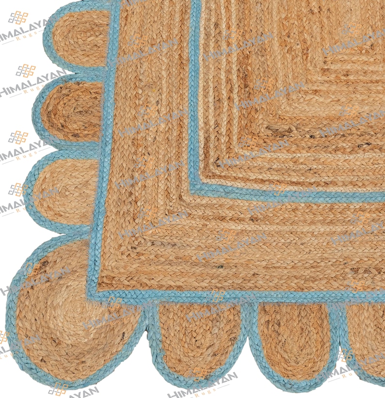 Scallop Jute Blue Hand Made Rug,Bohemian Decor Inspire Customize in Any Size /& Shape-CBS