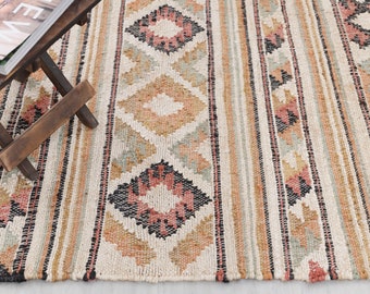 Mustard Ivory Rainbow Bohemian Jute  Flatweave Premium  Rug Hand Woven Decor Inspired, Boho Scandinavian Decor- CS-5