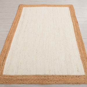 White Golden Border Jute Rug Boho Chic Handmade Braided Jute Rug, Customize in any Size & Shape-NJ