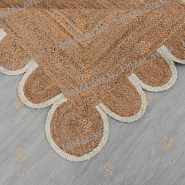 Scalloped Jute White Border Rug, Jute Boho Rug..Customise in any shape & size.