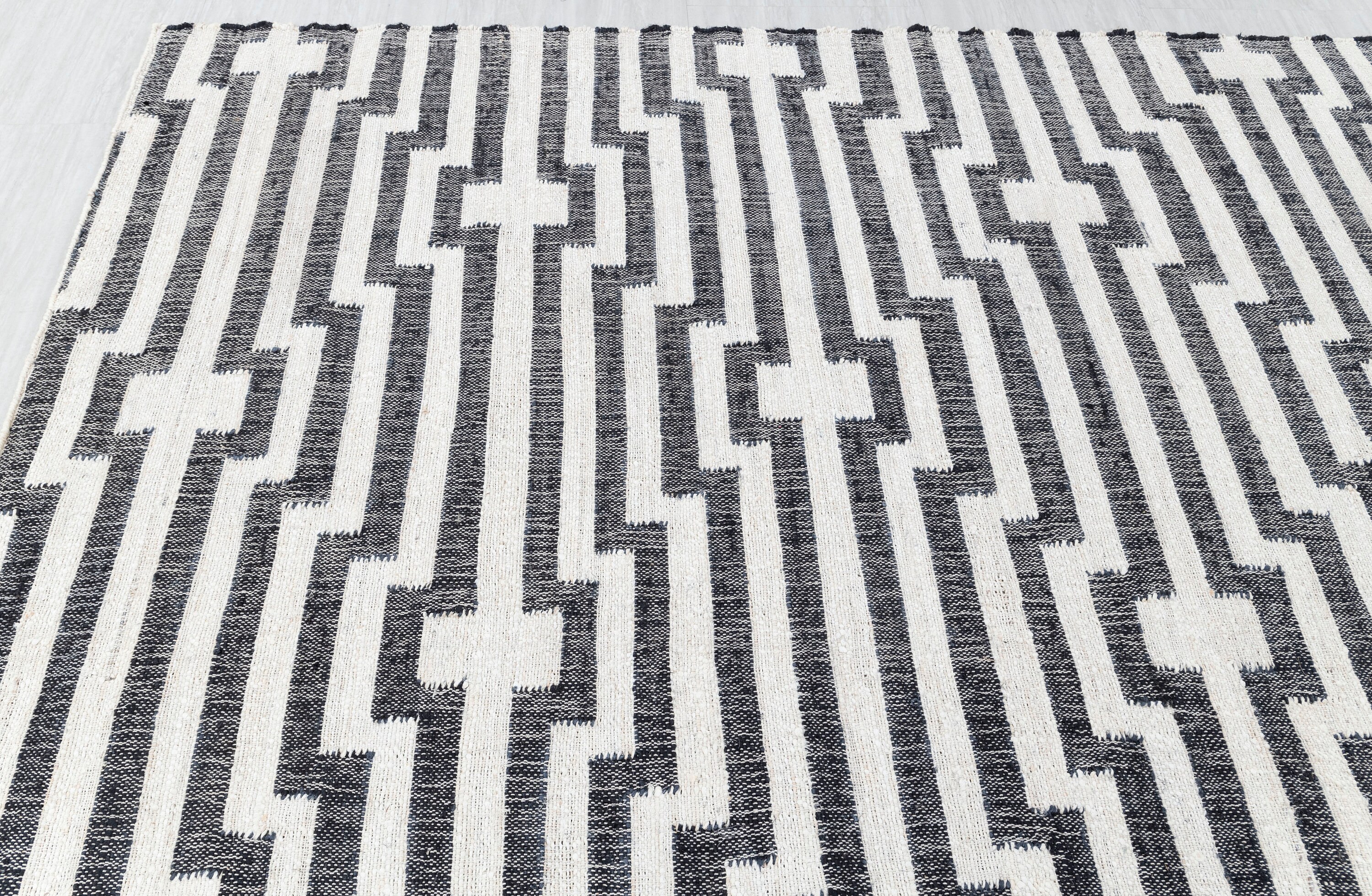 ジュート ホワイト ブラック 幾何学模様 高品質 手織り プレミアム品質