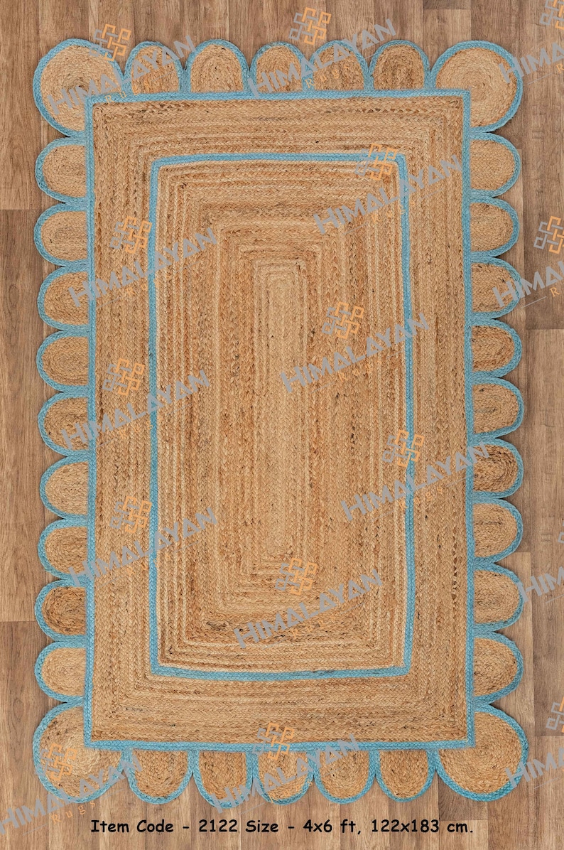 Scallop Jute Blue Hand Made Rug,Bohemian Decor Inspire Customize in Any Size /& Shape-CBS
