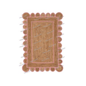 Soft Pink Border Jute Scalloped Handmade Rug, Pink Jute Rugs Boho, Customise in any size & shape #PS