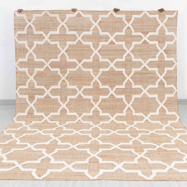 Natural Jute Ivory Geometric High Quality Hand Woven Premium Quality Boho Style Rug, Moroccan Nordic Scandinavian Decor Inspired-