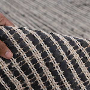 Hand Woven Rug Boho Jute Recycled Leather Black Grey Haystack Style SH4