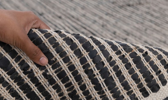 Hand Woven Rug Boho Jute Recycled Leather Black Grey Haystack Style SH4