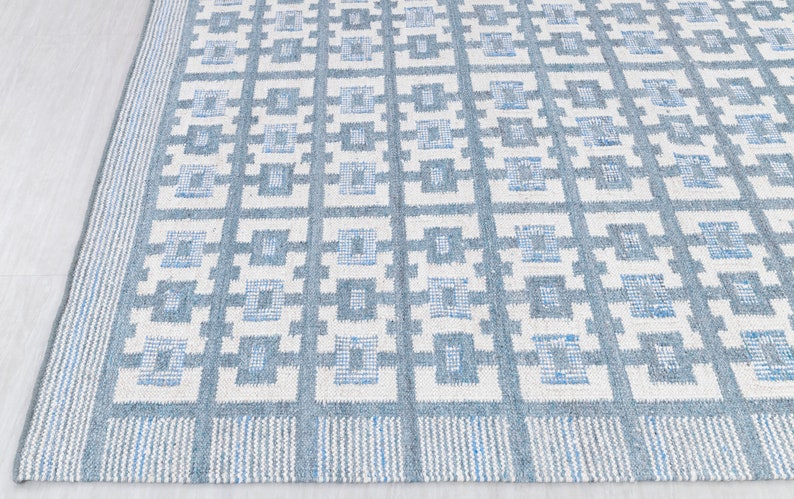 Ivory Blue Scandinavian Design High Quality Hand Woven Flatweave Kilim Modern Boho Geometric Rug,Customize in Any Size-AD-3 image 5