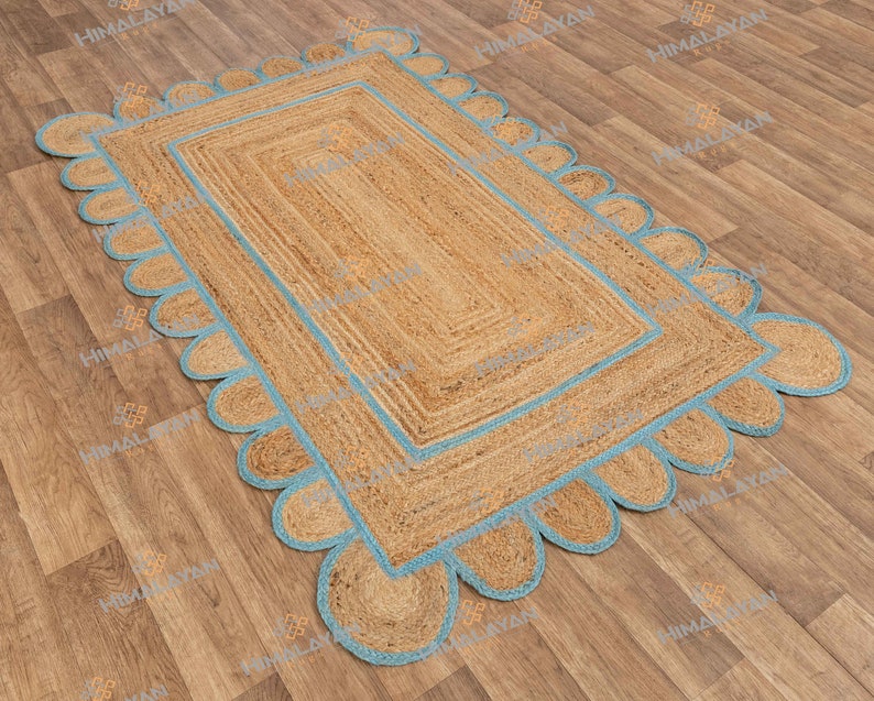 Scallop Jute Blue Hand Made Rug,Bohemian Decor Inspire Customize in Any Size /& Shape-CBS