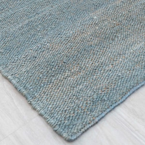 Solid Handwoven Premium Natural Jute Yarn Flatweave Rug, CUSTOMIZE in any size. Light Blue