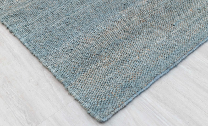 Solid Handwoven Premium Natural Jute Yarn Flatweave Rug, CUSTOMIZE in any size. Light Blue