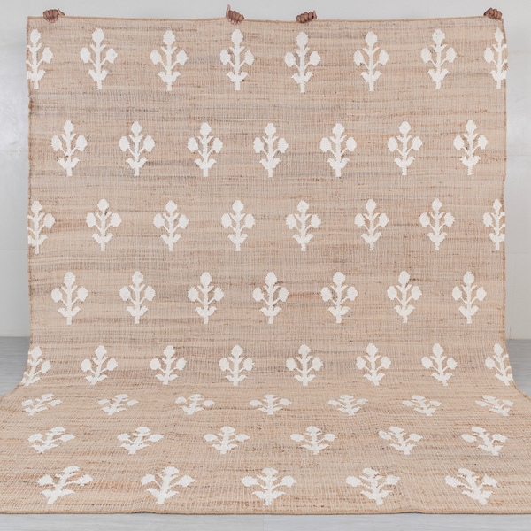 Ivory Flower Natural Jute wool High Quality Hand Woven Premium Quality Boho Style Rug, Moroccan Nordic Scandinavian Decor Inspired- TN-86