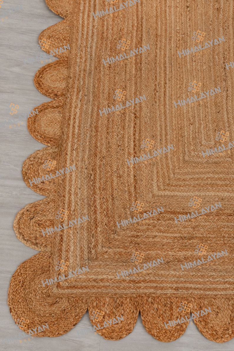 Natural Jute Scallop Boho Chic Handmade Braided Jute Rug, Customize in any Size & Shape-NJ image 7