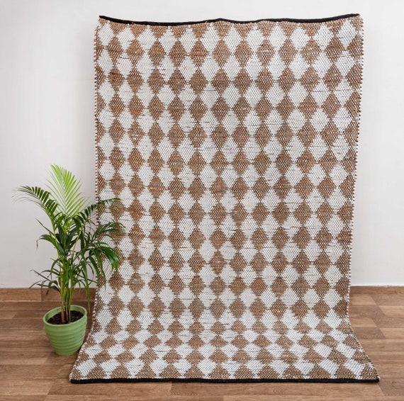 Diamond Pattern Jute Cotton Hand Woven Rug Boho Rug Moroccan Etsy