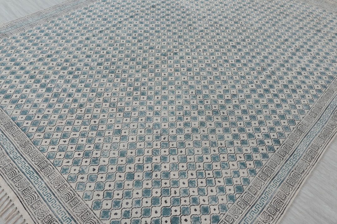 Handmade Cotton Blue Flower Block Printed Boho Inspired Flatweave Rug ...