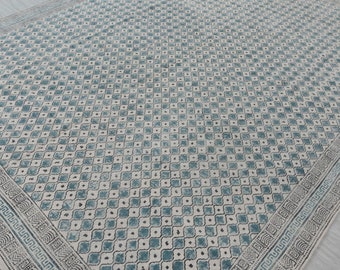 Handmade Cotton Blue Flower Block Printed Boho Inspired Flatweave Rug...#AA-8.