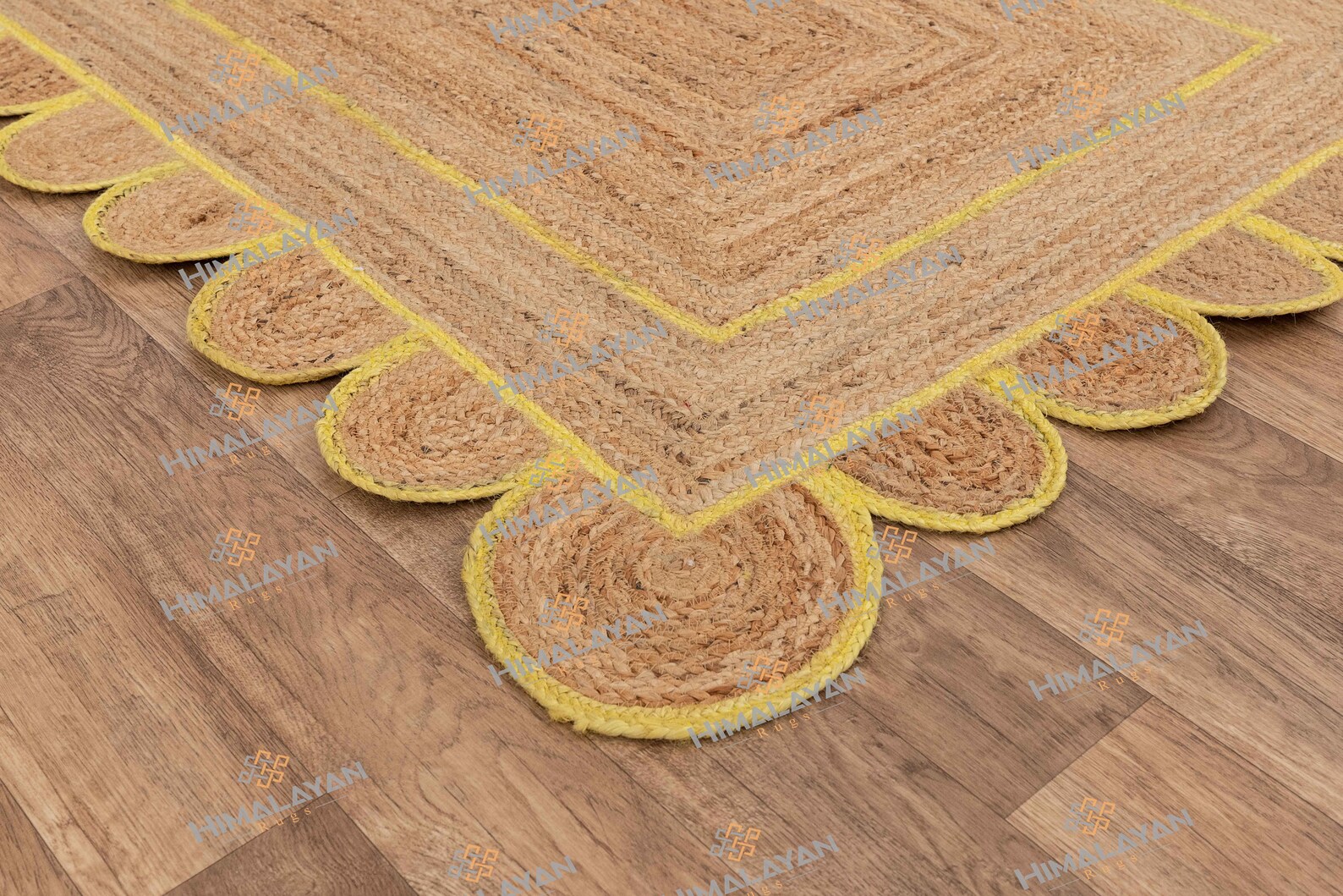 Scallop Jute Rug Yellow Trim Boho Jute Rug..Customize in Any Etsy