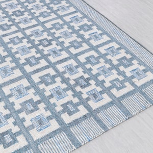 Ivory Blue Scandinavian Design High Quality Hand Woven Flatweave Kilim Modern Boho Geometric Rug,Customize in Any Size-AD-3 image 3