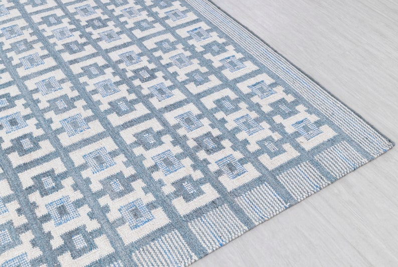 Ivory Blue Scandinavian Design High Quality Hand Woven Flatweave Kilim Modern Boho Geometric Rug,Customize in Any Size-AD-3 image 3