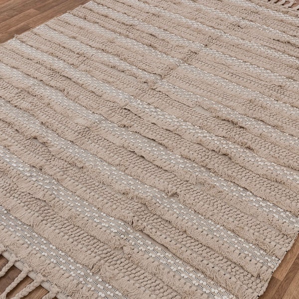Modern White Beige Boho Moroccan Hand Woven Cotton Soft Rug, Washable Rug-MD-19